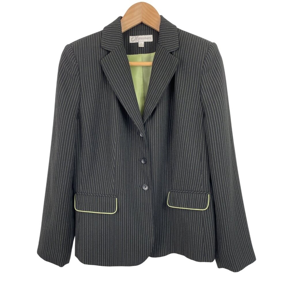 Dressbarn Womens Black Pinstripe w/Lime Green Accents Blazer Jacket Size 8